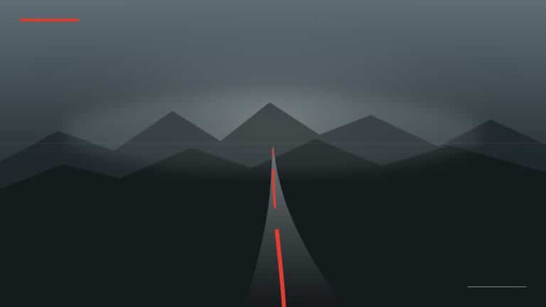 Illustration originale Game Over : une route dont la ligne rouge se brise dans un paysage encore intact.