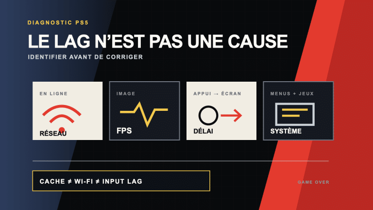 Schéma Gameover séparant lag réseau, FPS, délai d’affichage et ralentissement système sur PS5