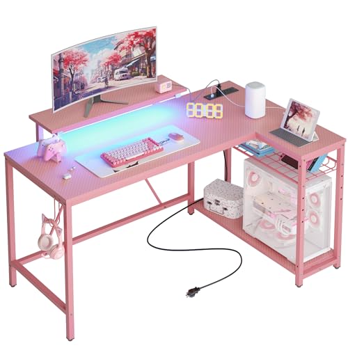 Bestier Petit Bureau Gaming en L 132 cm – avec Prise, Port USB, LED, É