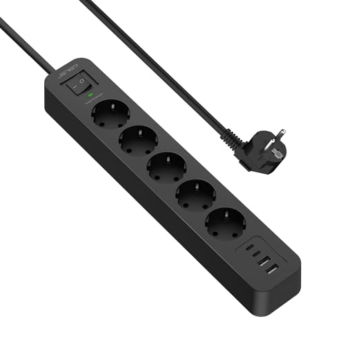 JSVER Multiprise Parasurtenseurs 5 Prises avec 2 Ports USB C+2 USB A C